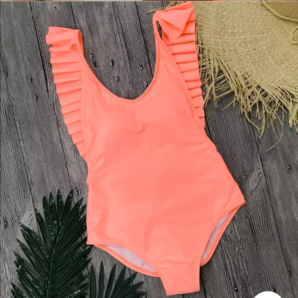 LAST ONE Coral Ruffle One Piece Open Back Swimsuit - Picture 4 of 6